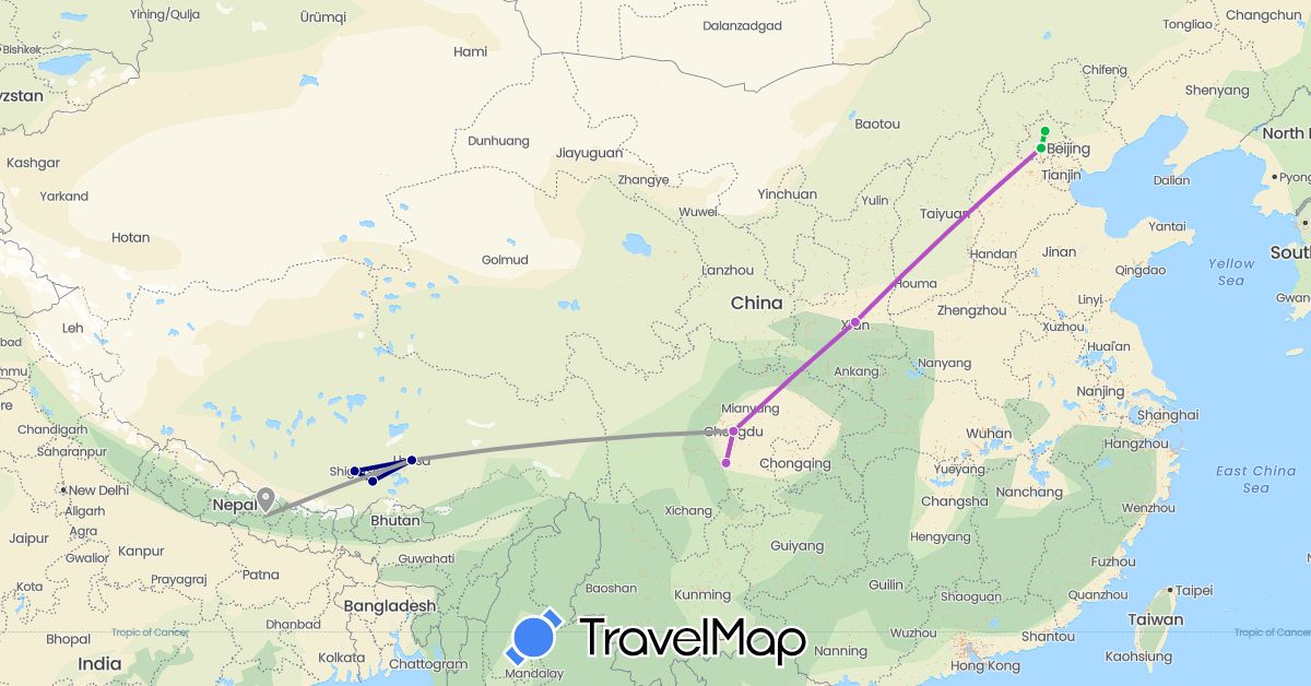 TravelMap itinerary: driving, bus, plane, train in China, Nepal (Asia)